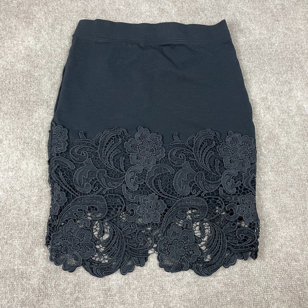 Haute Monde Midi Pencil Skirt Women Medium Black Floral Lace Hem Stretch Party